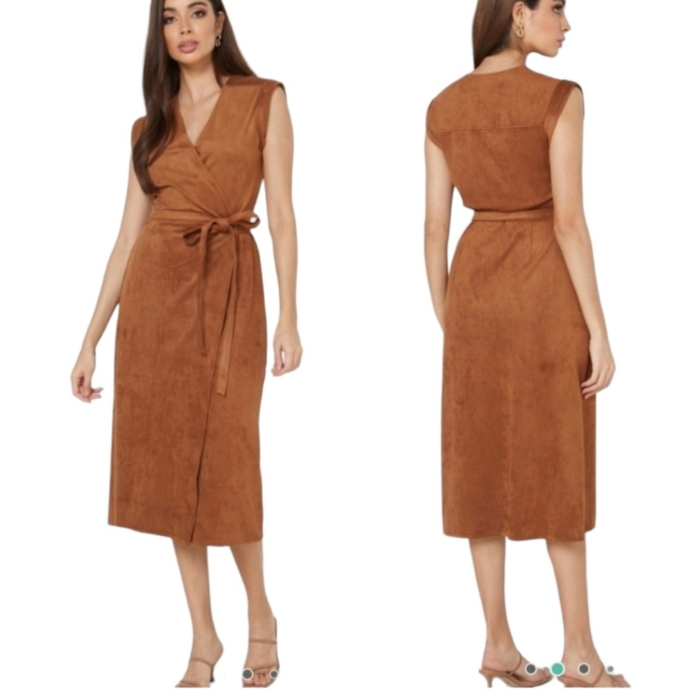 NWT Faux Suede Wrap Dress in Cognac in 12 Petite